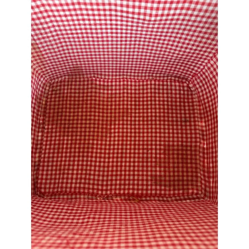 Vintage Woven Wood Splint Picnic Basket Red Gingham Lining Double Swing Handles